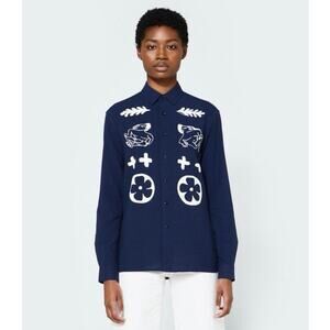 Bruta Size S Zamba Button Up Shirt Navy Blue White Print Long Sleeves